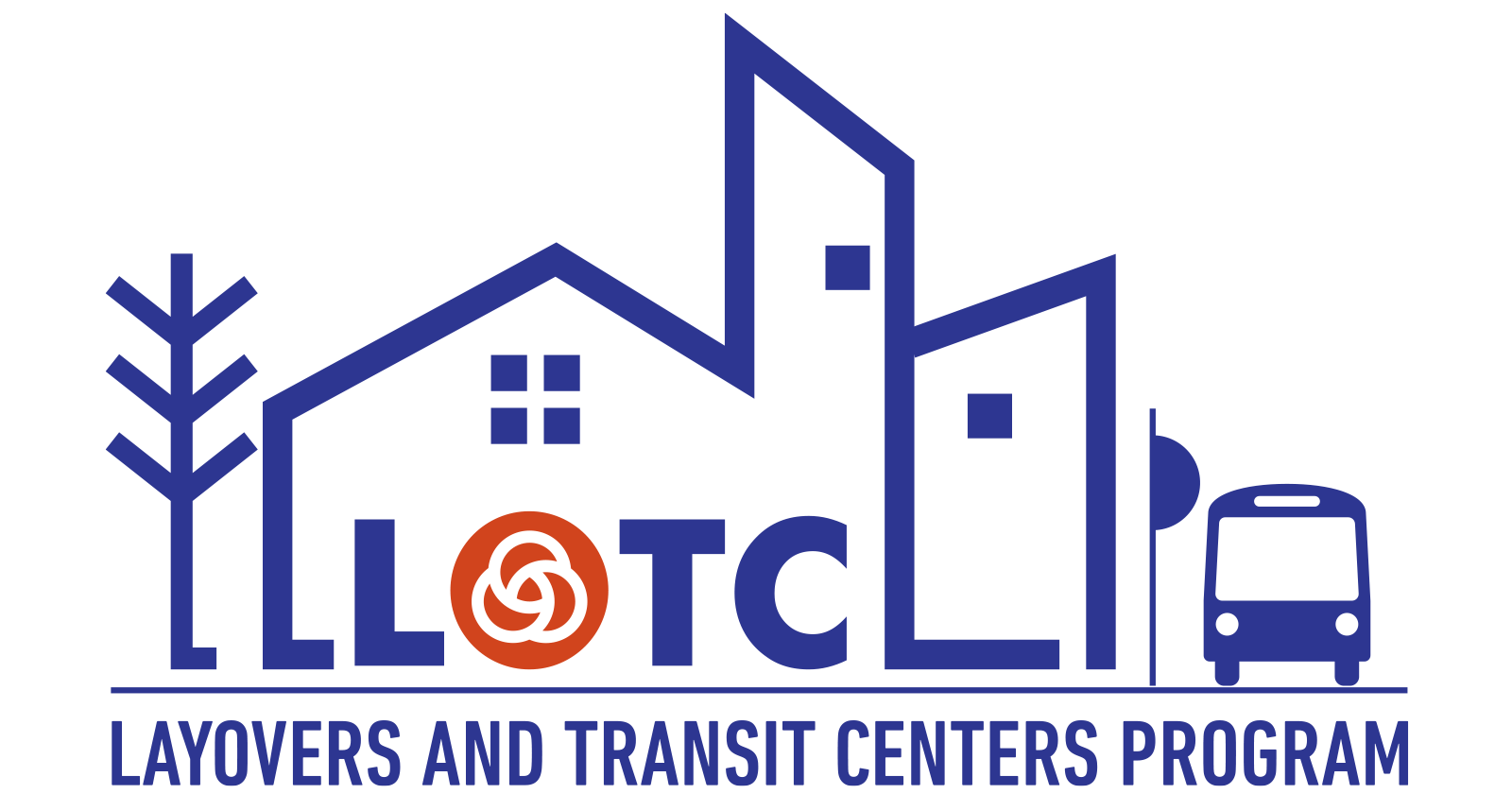Stylized line drawing of a bus waiting at a stop next to a transit center building.