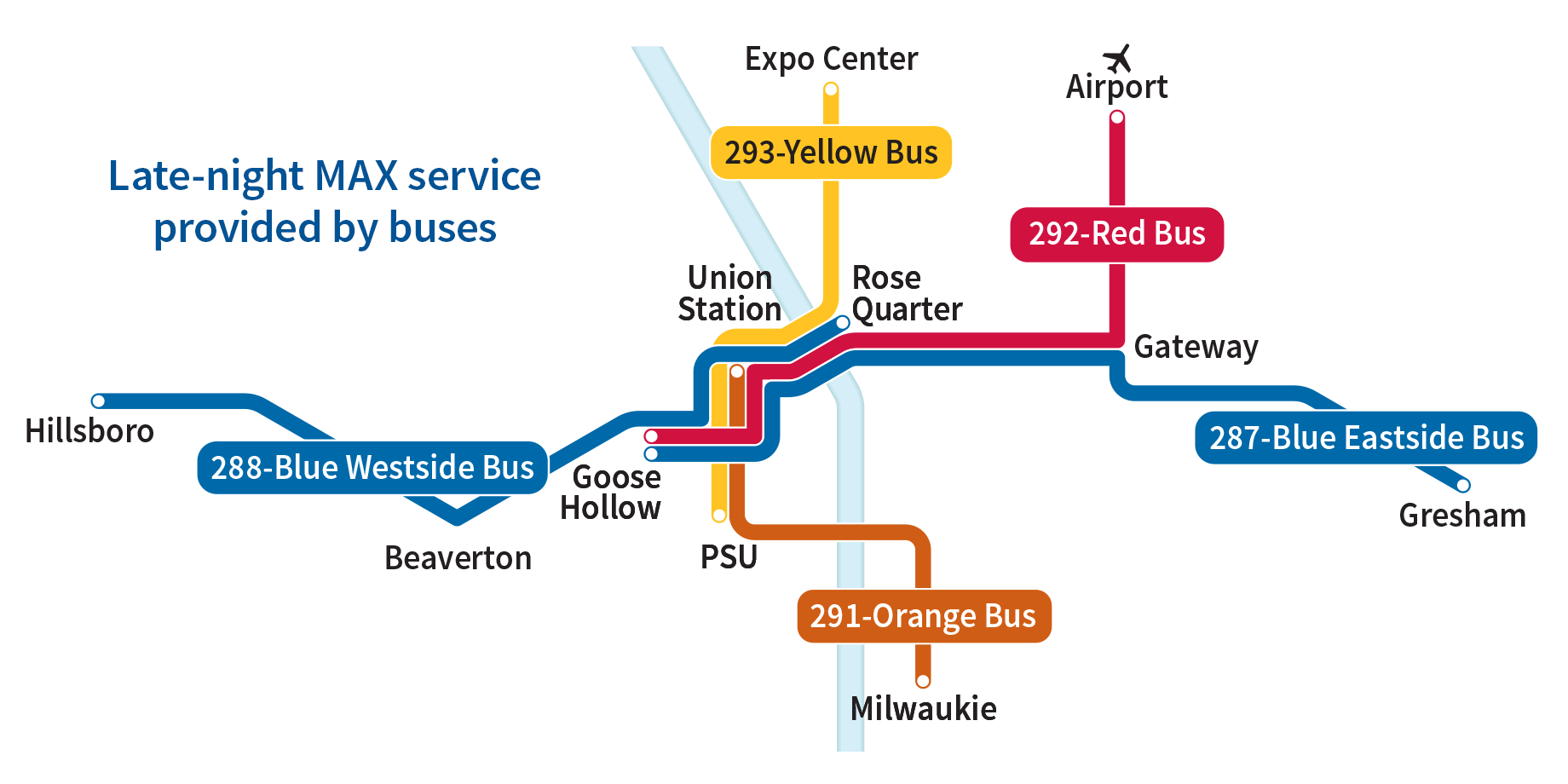 Late-night/early-morning MAX dervice provided by buses map